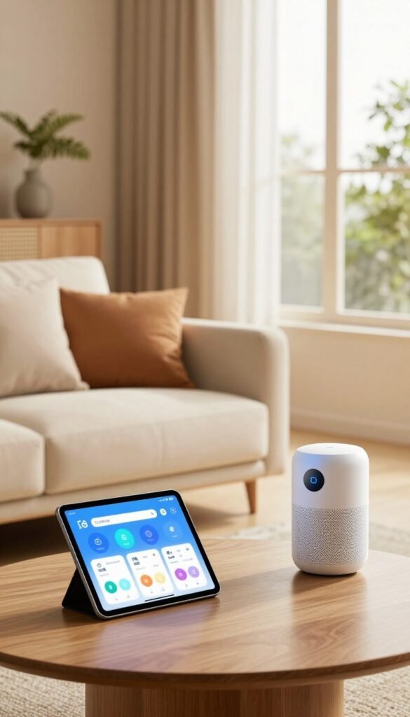 A modern smart home interior featuring an elegantly designed living room with smart gadgets prominently displayed, including a smart thermostat, voice-activated assistant, and automated lighting controls. In the foreground, a stylish coffee table holds a sleek tablet showcasing a smart home app. The middle of the room features a comfortable sofa with warm cushions, bathed in soft natural light coming through large windows, enhancing the cozy atmosphere. In the background, subtle greenery complements the warm color palette, adding a Pinterest-inspired aesthetic. The overall mood is inviting and innovative, reflecting a seamless blend of technology and home comfort. Brand name "TechKiste" subtly integrated into the decor without any text overlays, ensuring an authentic and professional representation. A modern smart home interior featuring an elegantly designed living room with smart gadgets prominently displayed, including a smart thermostat, voice-activated assistant, and automated lighting controls. In the foreground, a stylish coffee table holds a sleek tablet showcasing a smart home app. The middle of the room features a comfortable sofa with warm cushions, bathed in soft natural light coming through large windows, enhancing the cozy atmosphere. In the background, subtle greenery complements the warm color palette, adding a Pinterest-inspired aesthetic. The overall mood is inviting and innovative, reflecting a seamless blend of technology and home comfort. Brand name "TechKiste" subtly integrated into the decor without any text overlays, ensuring an authentic and professional representation.