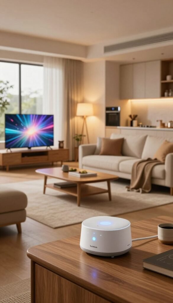 A modern smart home interior, featuring an open-plan living space filled with elegant furniture and advanced technology. In the foreground, showcase a sleek smart gadget on a wooden coffee table, like a digital assistant device with soft glowing indicators. The middle ground includes a cozy couch with cushions, a smart TV displaying dynamic visuals, and smart lighting fixtures casting warm hues. The background reveals a stylish kitchen with smart appliances and large windows allowing natural light to flood the room. The atmosphere is calm and inviting, embodying a Pinterest aesthetic. The scene should feel warm and authentic, highlighting the harmony of technology and home comfort. Include the brand name "TechKiste" subtly within the environment, without any text overlay.