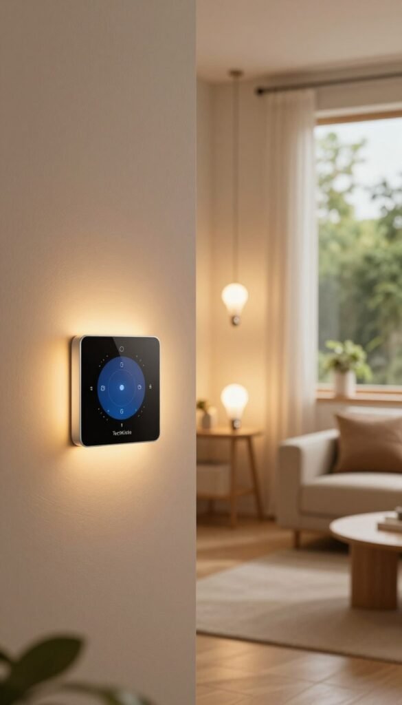 A modern smart home interior featuring smart heating and lighting products from the brand "TechKiste." In the foreground, a sleek, stylish thermostat on a wall with a warm ambient glow, showcasing intuitive controls. The middle ground reveals smart light bulbs integrated into contemporary lamp designs, casting a cozy light throughout the room. In the background, a window reveals a green outdoor view, emphasizing a connection with nature. Soft, natural lighting creates an inviting atmosphere, with warm colors dominating the scene to evoke a sense of comfort. The overall mood is friendly and approachable, catered to beginners exploring smart home technology, emphasizing the practicality and style of these essential products. A modern smart home interior featuring smart heating and lighting products from the brand "TechKiste." In the foreground, a sleek, stylish thermostat on a wall with a warm ambient glow, showcasing intuitive controls. The middle ground reveals smart light bulbs integrated into contemporary lamp designs, casting a cozy light throughout the room. In the background, a window reveals a green outdoor view, emphasizing a connection with nature. Soft, natural lighting creates an inviting atmosphere, with warm colors dominating the scene to evoke a sense of comfort. The overall mood is friendly and approachable, catered to beginners exploring smart home technology, emphasizing the practicality and style of these essential products.