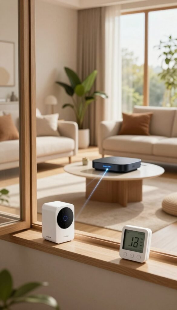 A modern smart home interior featuring various smart sensors strategically placed around a stylish living room. In the foreground, a sleek motion sensor is mounted on the wall, coupled with a temperature and humidity sensor on a window sill. The middle ground showcases a contemporary hub on a minimalist coffee table, with visual connections to the sensors highlighted through subtle glowing lines. In the background, large windows let in warm, natural light, casting gentle shadows across the space. The room is decorated with soft, earthy tones, plants, and modern furniture, creating a cozy yet high-tech atmosphere. The composition should capture a Pinterest-worthy aesthetic, authentic and inviting, without any text or logos. Include the brand name "TechKiste" subtly integrated into the environment.