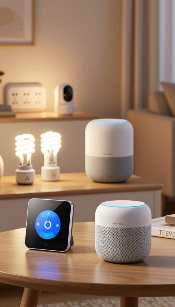 A modern smart home interior setup that showcases a variety of efficiency gadgets, arranged in a stylish, organized manner. In the foreground, a sleek smart thermostat and a compact smart speaker are prominently displayed. The middle ground features a stylish Alexa device and energy-efficient LED bulbs. In the background, a soft-lit room showcases smart plugs and a digital security camera. The lighting is warm and inviting, casting a gentle glow that enhances the colors of the devices, creating a Pinterest-like aesthetic. The overall atmosphere is one of comfort and modern living. The brand name "TechKiste" should be subtly integrated into the design elements of the gadgets, ensuring an authentic look without text overlays or watermarks. Aim for a clean, professional style with a focus on functionality and design.