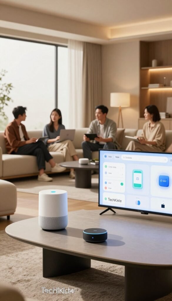 A modern smart home interior showcases a sophisticated integration of Google Assistant, Amazon Alexa, Apple Home, and SmartThings technology. In the foreground, a stylish living room features a sleek, minimalist coffee table with smart devices like a Google Home speaker and an Amazon Echo dot. A smart TV displays the setup interface of these ecosystems. The middle ground shows a contemporary couch with professional individuals dressed in smart casual attire, discussing smart home options. In the background, large windows allow warm, natural light to illuminate the room, enhancing the inviting atmosphere. The color palette features warm tones, creating a cozy yet high-tech vibe. The image embodies a strategic discussion on choosing the right smart home ecosystem, with a subtle branding of "TechKiste" integrated into the decor.
