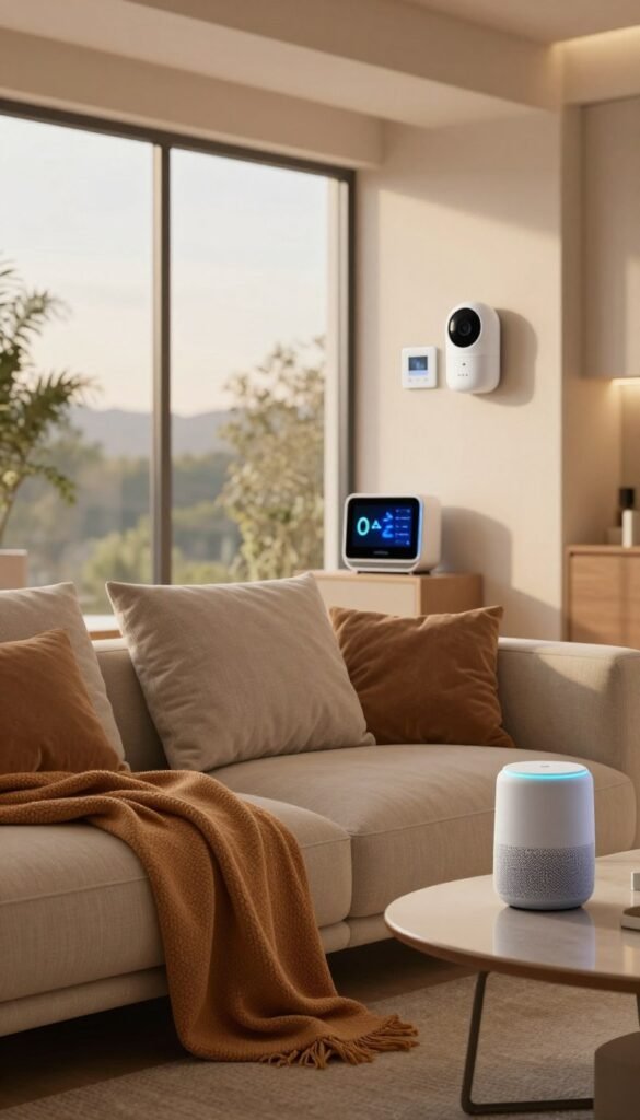 A modern smart home interior showcasing a comfortable living room where technology seamlessly integrates with daily life. In the foreground, a stylish couch with plush cushions and a warm, inviting throw blanket. A smart speaker and a digital assistant device sit on a sleek coffee table, subtly glowing. In the middle background, large windows allow natural light to pour in, illuminating smart home gadgets like a thermostat and smart lighting fixtures. Soft, warm colors dominate the palette, creating a cozy atmosphere. On one wall, tech-savvy decor subtly hints at privacy concerns, such as a security camera with a tasteful design. The scene embodies both comfort and the underlying theme of privacy in a smart home, without any text or branding visible, aside from a tasteful display of "TechKiste" on a gadget. The lighting should suggest a late afternoon ambiance, shot with a 35mm lens for warmth and depth.