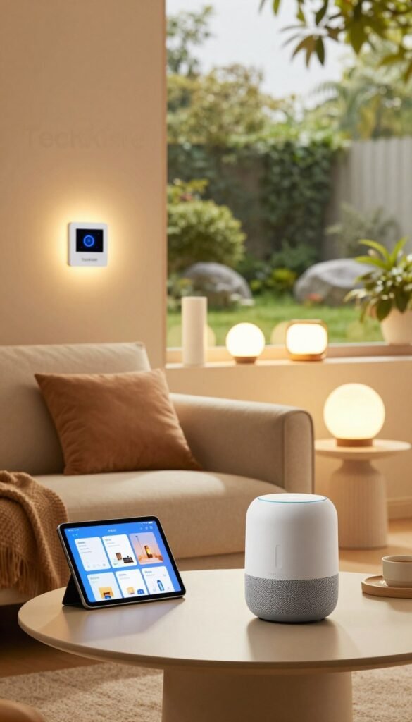A modern smart home interior, showcasing a cozy living room with a sleek, high-tech ambiance. In the foreground, a stylish smart speaker sits on a minimalistic coffee table alongside a tablet displaying home control apps. The middle layer features a comfortable sofa adorned with soft cushions, a smart thermostat on the wall, and various smart light fixtures casting warm, inviting light. In the background, large windows reveal a lush garden, adding a touch of nature. The mood is relaxed and efficient, highlighting the convenience of smart technology in everyday life. The overall color palette is warm and inviting, embodying a Pinterest-inspired aesthetic. Include subtle branding for "TechKiste" integrated seamlessly into the decor. A modern smart home interior, showcasing a cozy living room with a sleek, high-tech ambiance. In the foreground, a stylish smart speaker sits on a minimalistic coffee table alongside a tablet displaying home control apps. The middle layer features a comfortable sofa adorned with soft cushions, a smart thermostat on the wall, and various smart light fixtures casting warm, inviting light. In the background, large windows reveal a lush garden, adding a touch of nature. The mood is relaxed and efficient, highlighting the convenience of smart technology in everyday life. The overall color palette is warm and inviting, embodying a Pinterest-inspired aesthetic. Include subtle branding for "TechKiste" integrated seamlessly into the decor.