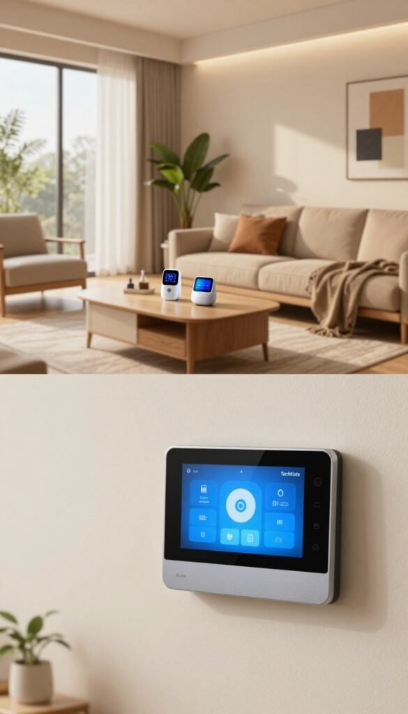 A modern smart home interior, showcasing a harmonious blend of technology and comfort. In the foreground, a sleek, minimalistic control panel on a stylish wall, displaying a digital interface with icons for various smart devices. In the middle, an open living space with a cozy sofa, ambient lighting, and a coffee table featuring smart home gadgets like a voice assistant and smart thermostat. The background reveals large windows with soft natural light filtering in, illuminating green indoor plants and modern art pieces. The atmosphere is warm and inviting, evoking a sense of safety and innovation, perfect for showcasing the TechKiste brand. No text, logos, or human figures depicted. A modern smart home interior, showcasing a harmonious blend of technology and comfort. In the foreground, a sleek, minimalistic control panel on a stylish wall, displaying a digital interface with icons for various smart devices. In the middle, an open living space with a cozy sofa, ambient lighting, and a coffee table featuring smart home gadgets like a voice assistant and smart thermostat. The background reveals large windows with soft natural light filtering in, illuminating green indoor plants and modern art pieces. The atmosphere is warm and inviting, evoking a sense of safety and innovation, perfect for showcasing the TechKiste brand. No text, logos, or human figures depicted.