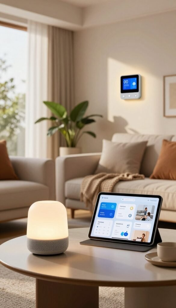 A modern smart home interior, showcasing a sleek living room filled with innovative technology. In the foreground, a smart speaker with a soft glow, and a tablet displaying various system apps for home automation, all set on a stylish coffee table. In the middle, a cozy sofa, decorated with warm tones and natural textures, with potted plants adding a fresh touch. The background features a bright window with gentle sunlight streaming in, illuminating smart light fixtures and a digital control panel on the wall. The overall atmosphere is inviting and sophisticated, embodying the concept of seamless integration of technology in daily life. The style is natural, with warm colors and a Pinterest-like aesthetic, emphasizing authenticity. Include a subtle brand logo for "TechKiste" integrated into the tablet&rsquo;s interface.