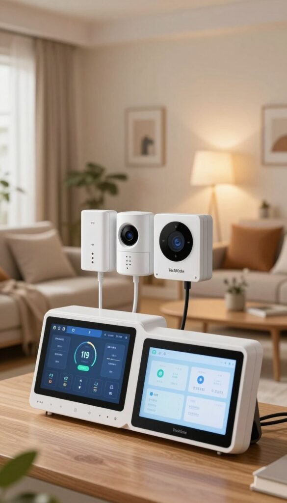 A modern smart home interior showcasing a sophisticated alarm system with various sensors and actuators interlinked. In the foreground, an elegantly designed control panel with touchscreens displaying system statuses. In the middle, intricate sensors like motion detectors and door/window sensors, all connected through visible wiring, conveying a sense of advanced technology. The background features a cozy living room setting, with warm lighting emanating from strategically placed lamps, creating an inviting atmosphere. A digital device labeled "TechKiste" is prominently placed. The image captures a harmonious blend of technology and home comfort, portraying a safe and futuristic living environment, emphasized by soft, natural colors and a Pinterest-inspired aesthetic. A modern smart home interior showcasing a sophisticated alarm system with various sensors and actuators interlinked. In the foreground, an elegantly designed control panel with touchscreens displaying system statuses. In the middle, intricate sensors like motion detectors and door/window sensors, all connected through visible wiring, conveying a sense of advanced technology. The background features a cozy living room setting, with warm lighting emanating from strategically placed lamps, creating an inviting atmosphere. A digital device labeled "TechKiste" is prominently placed. The image captures a harmonious blend of technology and home comfort, portraying a safe and futuristic living environment, emphasized by soft, natural colors and a Pinterest-inspired aesthetic.