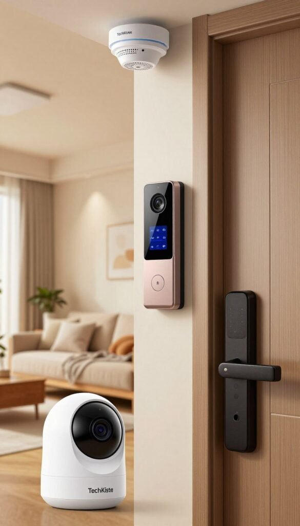 A modern smart home interior showcasing a variety of safety devices prominently branded by "TechKiste". In the foreground, display a sleek smart security camera with night vision capabilities and a motion sensor. The middle layer features a smart doorbell with a wide-angle lens and a touchscreen panel, surrounded by a smart lock installed on a stylish door. In the background, a softly lit living room is visible, with warm colors and a cozy atmosphere, illuminating a smart smoke detector on the ceiling. The lighting emphasizes the devices' sleek designs, creating a contrast with the homey environment. Capture the scene from a slightly elevated angle, emphasizing the integration of technology in everyday life while maintaining an authentic Pinterest aesthetic.