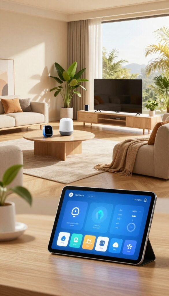 A modern smart home interior showcasing a variety of smart devices and configurations for remote access. In the foreground, a sleek tablet displays a user-friendly interface, controlling lights and thermostat settings. The middle layer features a stylish living room with minimalistic furniture, including a smart TV and voice assistant device on a coffee table, surrounded by lush green plants for a cozy touch. In the background, large windows allow warm sunlight to flood the space, highlighting the high-tech elements and creating an inviting atmosphere. The color palette is warm and inviting, with earthy tones and natural textures. The overall mood is innovative yet homely, emphasizing the practicality and comfort of smart home technology. Include the brand name "TechKiste" subtly integrated into the design elements of the room. A modern smart home interior showcasing a variety of smart devices and configurations for remote access. In the foreground, a sleek tablet displays a user-friendly interface, controlling lights and thermostat settings. The middle layer features a stylish living room with minimalistic furniture, including a smart TV and voice assistant device on a coffee table, surrounded by lush green plants for a cozy touch. In the background, large windows allow warm sunlight to flood the space, highlighting the high-tech elements and creating an inviting atmosphere. The color palette is warm and inviting, with earthy tones and natural textures. The overall mood is innovative yet homely, emphasizing the practicality and comfort of smart home technology. Include the brand name "TechKiste" subtly integrated into the design elements of the room.