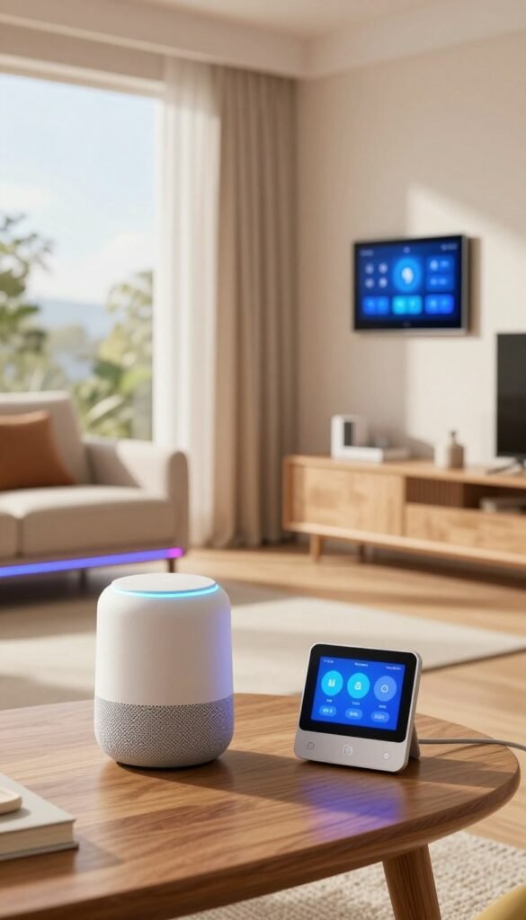 A modern smart home interior showcasing a variety of smart devices and technology upgrades. In the foreground, a sleek smart speaker and a futuristic thermostat sit on a stylish wooden table. In the middle, a cozy living room is adorned with smart LED light strips changing colors, and smart curtains opened to reveal a bright, sunlit window. The background features a smart home control panel on the wall, displaying connected devices. The atmosphere is warm and inviting, with natural light flooding in, creating a Pinterest-worthy aesthetic. The color palette is soft with warm tones. The image captures a sense of innovation and practicality, reflecting the essence of "TechKiste". A modern smart home interior showcasing a variety of smart devices and technology upgrades. In the foreground, a sleek smart speaker and a futuristic thermostat sit on a stylish wooden table. In the middle, a cozy living room is adorned with smart LED light strips changing colors, and smart curtains opened to reveal a bright, sunlit window. The background features a smart home control panel on the wall, displaying connected devices. The atmosphere is warm and inviting, with natural light flooding in, creating a Pinterest-worthy aesthetic. The color palette is soft with warm tones. The image captures a sense of innovation and practicality, reflecting the essence of "TechKiste".
