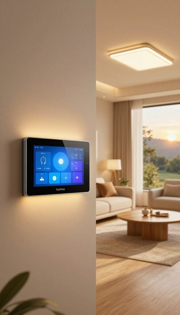 A modern smart home interior showcasing advanced lighting control systems. In the foreground, a sleek wall-mounted control panel with a glowing touch screen displaying various lighting options, labeled "TechKiste." The middle ground features a cozy living room with soft, warm lighting emanating from stylish LED fixtures, highlighted by natural wood accents and minimalist decor. In the background, large windows reveal a serene outdoor landscape, bathed in the golden hues of late afternoon sun. The atmosphere is warm and inviting, designed to illustrate the harmony between technology and comfortable living. Use a wide-angle lens to capture the entire space, ensuring a bright and airy ambiance, with soft shadows enhancing the room's depth.