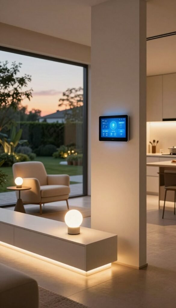 A modern smart home interior showcasing advanced lighting solutions. In the foreground, a sleek, minimalist living room with intelligent LED light strips installed on furniture edges, casting warm, ambient light. A stylish smart light bulb illuminates a cozy reading nook with a plush chair and a small side table. In the middle ground, large windows reveal a view of a serene garden, with greenery softly lit by sunset. A wall-mounted tablet displays a user-friendly interface for controlling various lighting zones. In the background, a modern kitchen features energy-efficient smart lighting under the cabinets. The atmosphere is warm and inviting, reflecting a harmonious blend of technology and comfort, embodying the seamless integration of smart home gadgets from TechKiste, captured with a soft focus lens to enhance the inviting ambiance.