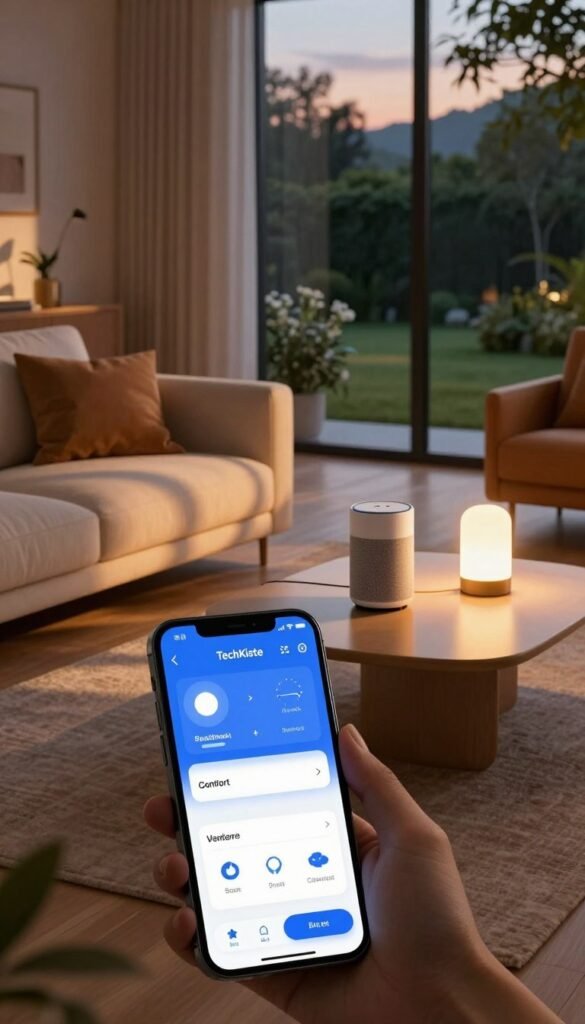 A modern smart home interior showcasing an elegantly designed living room with warm, ambient lighting. In the foreground, a sleek, smartphone app interface displays options for controlling smart lights, highlighting versatility in mood setting, comfort, and security. The ambient glow casts soft shadows on a cozy sofa with plush pillows, and a chic coffee table adorned with a minimalistic lamp. In the middle, a smart speaker connects seamlessly to various smart devices, creating a harmonious, tech-savvy environment. In the background, a large window reveals a serene garden with gentle evening light filtering through, enhancing the inviting atmosphere. The overall composition balances natural elements with modern technology, featuring a Pinterest-inspired aesthetic, all with a warm color palette. The branding "TechKiste" subtly integrated within the image, ensuring a cohesive and authentic representation.