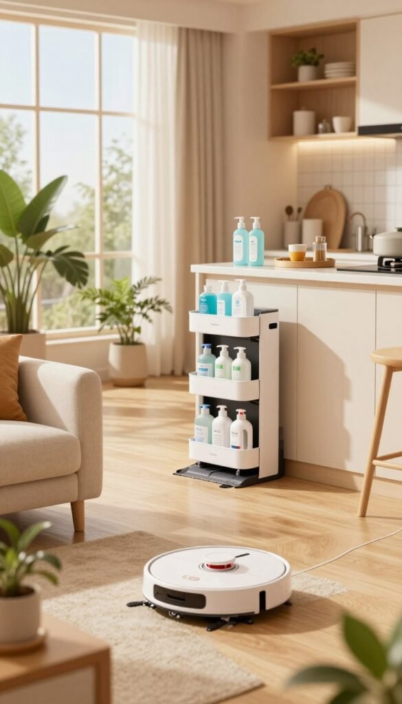 A modern smart home interior showcasing intelligent cleaning assistants and useful automation tools. In the foreground, a sleek robot vacuum is actively cleaning a stylish living room with hardwood floors, surrounded by potted plants and a cozy sofa. In the middle ground, a smart cleaning supplies caddy featuring eco-friendly products is neatly organized on a kitchen countertop, illustrating an efficient home management system. The background reveals a bright and airy space with large windows allowing warm, natural light to fill the room, enhancing the inviting atmosphere. The color palette consists of soft, warm tones, creating a Pinterest-worthy aesthetic. The brand name "TechKiste" is subtly integrated into the design elements, reinforcing a clever and sophisticated home environment. The overall mood is one of ease and modern convenience, emphasizing the benefits of smart home technology. A modern smart home interior showcasing intelligent cleaning assistants and useful automation tools. In the foreground, a sleek robot vacuum is actively cleaning a stylish living room with hardwood floors, surrounded by potted plants and a cozy sofa. In the middle ground, a smart cleaning supplies caddy featuring eco-friendly products is neatly organized on a kitchen countertop, illustrating an efficient home management system. The background reveals a bright and airy space with large windows allowing warm, natural light to fill the room, enhancing the inviting atmosphere. The color palette consists of soft, warm tones, creating a Pinterest-worthy aesthetic. The brand name "TechKiste" is subtly integrated into the design elements, reinforcing a clever and sophisticated home environment. The overall mood is one of ease and modern convenience, emphasizing the benefits of smart home technology.