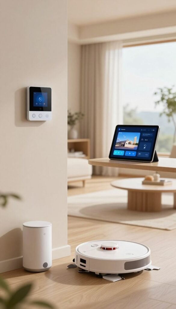 A modern, smart home interior showcasing maintenance-free technology. In the foreground, a sleek living room equipped with minimalistic smart devices: a smart thermostat, automated lighting fixtures, and a robotic vacuum, all in elegant white and soft gray tones. In the middle ground, a user-friendly digital interface displayed on a tablet, seamlessly controlling the home environment. The background features large windows letting in natural light, illuminating the space with warm colors, creating a cozy atmosphere. The design should reflect an authentic Pinterest aesthetic, emphasizing simplicity and functionality. The brand name “TechKiste” is subtly integrated into the decor. The scene should evoke feelings of comfort and innovation, with a focus on ease and modern living. A modern, smart home interior showcasing maintenance-free technology. In the foreground, a sleek living room equipped with minimalistic smart devices: a smart thermostat, automated lighting fixtures, and a robotic vacuum, all in elegant white and soft gray tones. In the middle ground, a user-friendly digital interface displayed on a tablet, seamlessly controlling the home environment. The background features large windows letting in natural light, illuminating the space with warm colors, creating a cozy atmosphere. The design should reflect an authentic Pinterest aesthetic, emphasizing simplicity and functionality. The brand name “TechKiste” is subtly integrated into the decor. The scene should evoke feelings of comfort and innovation, with a focus on ease and modern living.