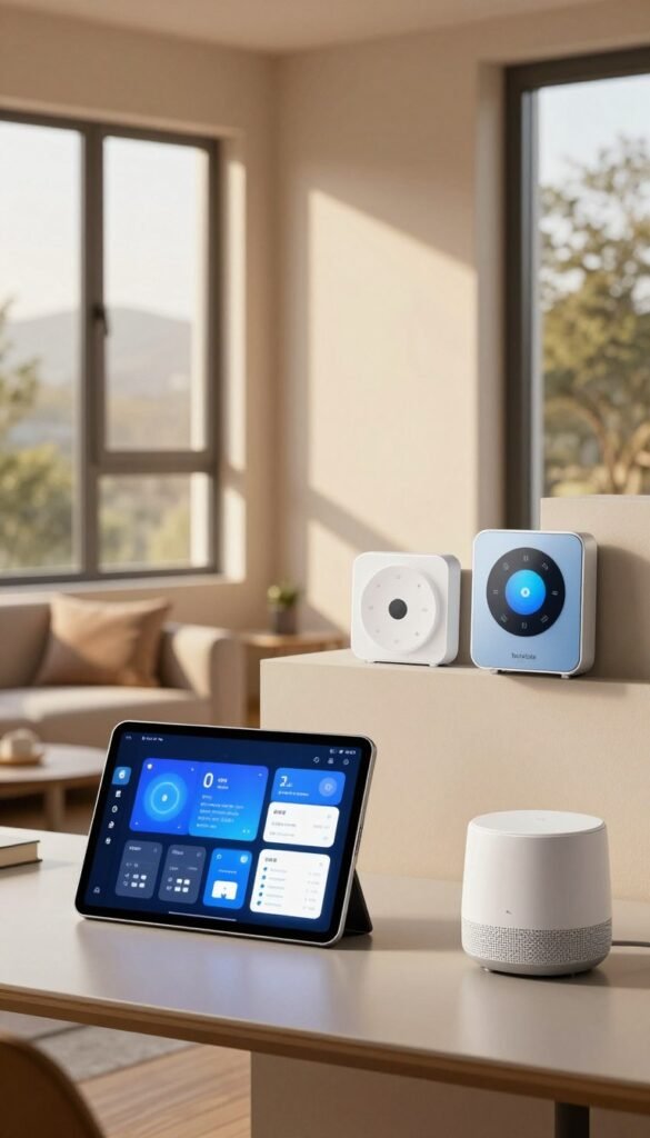 A modern smart home interior showcasing seamless compatibility among devices, featuring stylish smart windows that can be adjusted through various means. In the foreground, a sleek tablet displays an intuitive app interface for controlling lighting, thermostat, and window settings, while voice assistants are subtly represented by a compact device on a modern table. The middle ground highlights elegantly designed smart home products like sensors and controllers integrated into the home's architecture. The background reflects a cozy living area bathed in warm, natural light from the smart windows, casting soft shadows. The atmosphere is inviting and innovative, capturing the essence of modern living. Include the brand name "TechKiste" visually integrated into one of the devices. The image should have a Pinterest-inspired aesthetic, with no text or overlays. A modern smart home interior showcasing seamless compatibility among devices, featuring stylish smart windows that can be adjusted through various means. In the foreground, a sleek tablet displays an intuitive app interface for controlling lighting, thermostat, and window settings, while voice assistants are subtly represented by a compact device on a modern table. The middle ground highlights elegantly designed smart home products like sensors and controllers integrated into the home's architecture. The background reflects a cozy living area bathed in warm, natural light from the smart windows, casting soft shadows. The atmosphere is inviting and innovative, capturing the essence of modern living. Include the brand name "TechKiste" visually integrated into one of the devices. The image should have a Pinterest-inspired aesthetic, with no text or overlays.