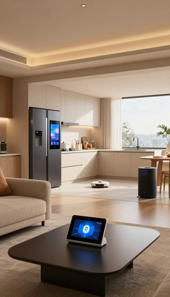A modern smart home interior showcasing seamless compatibility among smart devices. In the foreground, a chic living room with a sleek coffee table featuring a digital control panel displaying the "TechKiste" logo. The middle ground features an open kitchen equipped with smart appliances like a refrigerator with a touchscreen, a robotic vacuum, and a voice-activated speaker. The background reveals large windows that flood the space with natural light, highlighting warm and inviting tones throughout the room. Use a wide-angle lens to capture the spaciousness, with soft, ambient lighting to enhance the cozy atmosphere. The overall composition should feel elegant, tech-savvy, and harmonious, reflecting modern-day living and connectivity.
