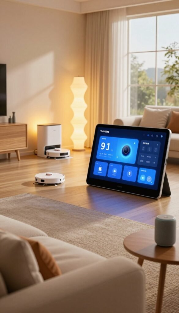 A modern smart home living room featuring a sleek home automation system interface displayed on a large touchscreen tablet, showcasing various smart devices like lights, thermostat, and security cameras. In the foreground, a stylish sofa with plush cushions and a small coffee table adorned with a smart speaker. The middle ground highlights a robot vacuum gliding across the floor, while smart light fixtures emit warm, inviting colors throughout the space. In the background, large windows let in natural light, creating a cozy atmosphere. The entire scene reflects an authentic Pinterest aesthetic, with colors harmonizing in warm tones. Capture this with soft, diffused lighting, using a wide-angle lens to emphasize the spaciousness. No people in the image. Include elements that subtly suggest the brand "TechKiste", enhancing the overall ambiance without overpowering the scene.