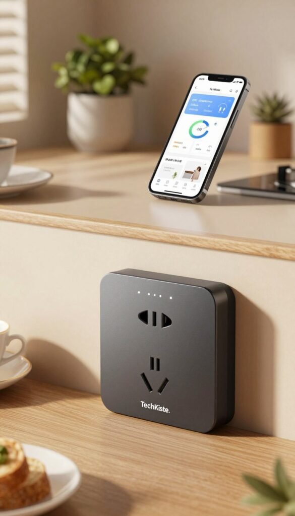 A modern smart home power socket, branded "TechKiste," is prominently displayed in the foreground, showcasing a sleek, minimalist design with subtle LED indicators glowing softly. The middle layer features a stylish kitchen environment, illuminated with warm, natural light, where the socket is integrated into a welcoming, contemporary setting. In the background, a smartphone rests on a countertop, displaying a user-friendly app interface for monitoring energy consumption. Potted plants and subtle decor enhance the cozy atmosphere. The scene is captured from a slightly elevated angle, emphasizing the tech's accessibility and aesthetic appeal, while maintaining an authentic Pinterest-inspired look with rich, warm colors and a professional, inviting ambiance. A modern smart home power socket, branded "TechKiste," is prominently displayed in the foreground, showcasing a sleek, minimalist design with subtle LED indicators glowing softly. The middle layer features a stylish kitchen environment, illuminated with warm, natural light, where the socket is integrated into a welcoming, contemporary setting. In the background, a smartphone rests on a countertop, displaying a user-friendly app interface for monitoring energy consumption. Potted plants and subtle decor enhance the cozy atmosphere. The scene is captured from a slightly elevated angle, emphasizing the tech's accessibility and aesthetic appeal, while maintaining an authentic Pinterest-inspired look with rich, warm colors and a professional, inviting ambiance.