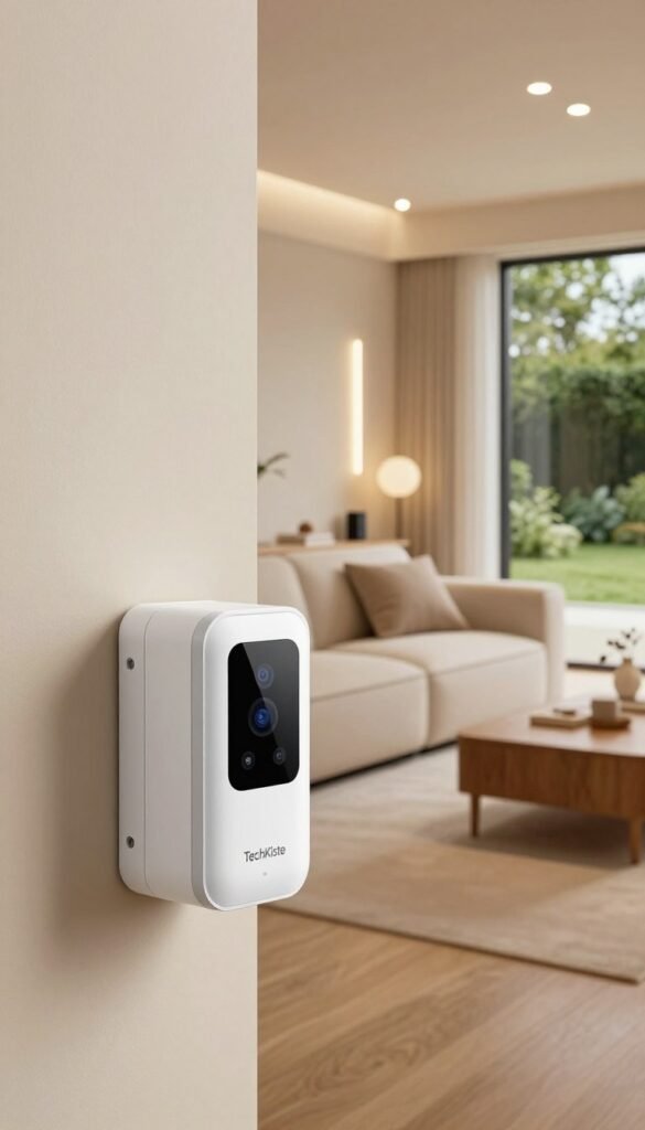 A modern smart home security system showcasing central sensors by TechKiste. In the foreground, a sleek white and silver motion sensor mounted on a wall, connected to smart devices. The middle layer features a stylish, minimalistic living room environment, with soft furnishings and ambient lighting from a few strategically placed LED lights. In the background, large windows reveal a lush garden, creating a balance between technology and nature. The overall atmosphere is warm and inviting, with natural colors and a Pinterest-inspired aesthetic. The image highlights the integration of technology into everyday life, emphasizing security and innovation in a harmonious setting, captured from a slightly elevated angle to showcase the space effectively. A modern smart home security system showcasing central sensors by TechKiste. In the foreground, a sleek white and silver motion sensor mounted on a wall, connected to smart devices. The middle layer features a stylish, minimalistic living room environment, with soft furnishings and ambient lighting from a few strategically placed LED lights. In the background, large windows reveal a lush garden, creating a balance between technology and nature. The overall atmosphere is warm and inviting, with natural colors and a Pinterest-inspired aesthetic. The image highlights the integration of technology into everyday life, emphasizing security and innovation in a harmonious setting, captured from a slightly elevated angle to showcase the space effectively.