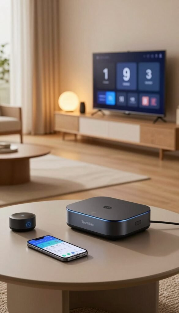 A modern smart home setup featuring a cozy living room, showcasing a sleek central hub from the brand "TechKiste" on a stylish coffee table. In the foreground, a smartphone displaying automation options rests alongside a digital assistant device. The middle-ground highlights a smart television with intuitive interface and smart lighting fixtures emitting warm, inviting glows. The background reveals soft, natural light filtering through large windows that illuminate the space filled with minimalistic, elegant furniture. The atmosphere is calm and inviting, emphasizing a practical yet stylish approach to everyday smart home living. Capture this scene with a slightly elevated angle, highlighting the seamless integration of technology into daily life. Avoid any text or branding beyond "TechKiste".