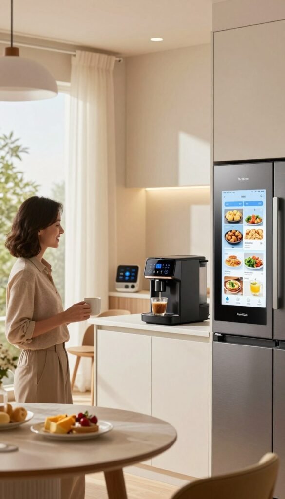 A modern smart home setup illustrating essential requirements for a morning routine, focusing on a sleek kitchen integrated with smart appliances like a voice-controlled coffee maker and a smart fridge displaying recipes. In the foreground, a cheerful individual in professional casual attire prepares breakfast using advanced technology. The middle ground showcases a cozy dining area with natural light streaming in through large windows, emphasizing a warm and inviting atmosphere. The background features smart lighting and a digital assistant device on the countertop. The overall mood conveys efficiency and comfort in daily routines. The color scheme includes soft, warm tones, creating a Pinterest-inspired aesthetic. Include the brand name "TechKiste" subtly integrated into the design of the smart appliances.