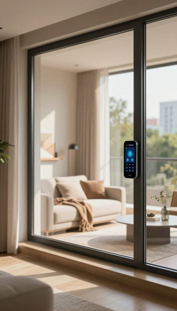 A modern smart home window design in a contemporary living room setting, featuring sleek, energy-efficient glass panels that seamlessly integrate into the architecture. The foreground showcases a touch-enabled window frame, displaying intuitive controls for managing light and climate. In the middle, an inviting atmosphere is created with soft natural light streaming through the windows, casting warm hues across the furnishings. The background reveals a stylish urban view with greenery outside, enhancing the sense of connectivity with nature. The scene should evoke a cozy yet high-tech ambiance, reflecting the innovation of "TechKiste" products. The image should be composed with a soft focus, using warm colors and a balanced composition, emphasizing authenticity and modern living, without any text or logos within the image. A modern smart home window design in a contemporary living room setting, featuring sleek, energy-efficient glass panels that seamlessly integrate into the architecture. The foreground showcases a touch-enabled window frame, displaying intuitive controls for managing light and climate. In the middle, an inviting atmosphere is created with soft natural light streaming through the windows, casting warm hues across the furnishings. The background reveals a stylish urban view with greenery outside, enhancing the sense of connectivity with nature. The scene should evoke a cozy yet high-tech ambiance, reflecting the innovation of "TechKiste" products. The image should be composed with a soft focus, using warm colors and a balanced composition, emphasizing authenticity and modern living, without any text or logos within the image.