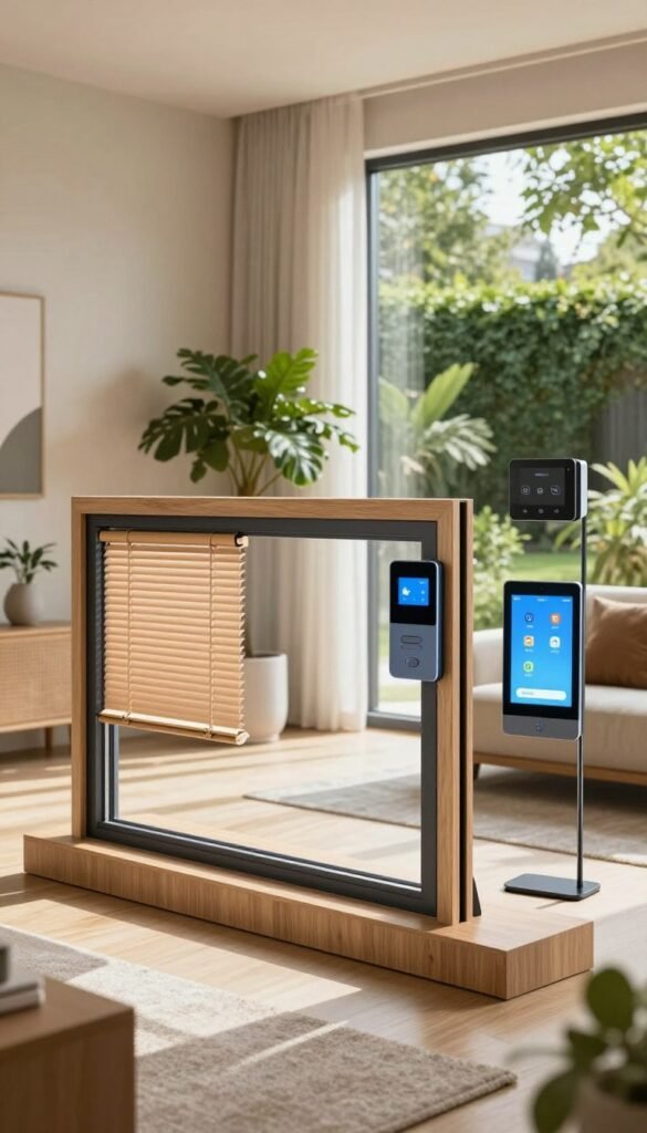 A modern smart home window display in a stylish, contemporary living room. In the foreground, a sleek, eco-friendly window with integrated smart technology is highlighted, showcasing a seamless blend of glass and wood. Various smart window solutions, such as automated blinds and smart glass panels, are artistically positioned around the central window. The middle background features plants and minimalist furniture, contributing to a warm, inviting atmosphere. Natural daylight streams in, casting soft shadows and enhancing the cozy, Pinterest-inspired aesthetic. The background reveals a green garden visible through the large window, symbolizing connectivity with nature. The scene conveys innovation and comfort, emphasizing TechKiste's advanced smart home solutions, without any text or labels disrupting the image. A modern smart home window display in a stylish, contemporary living room. In the foreground, a sleek, eco-friendly window with integrated smart technology is highlighted, showcasing a seamless blend of glass and wood. Various smart window solutions, such as automated blinds and smart glass panels, are artistically positioned around the central window. The middle background features plants and minimalist furniture, contributing to a warm, inviting atmosphere. Natural daylight streams in, casting soft shadows and enhancing the cozy, Pinterest-inspired aesthetic. The background reveals a green garden visible through the large window, symbolizing connectivity with nature. The scene conveys innovation and comfort, emphasizing TechKiste's advanced smart home solutions, without any text or labels disrupting the image.