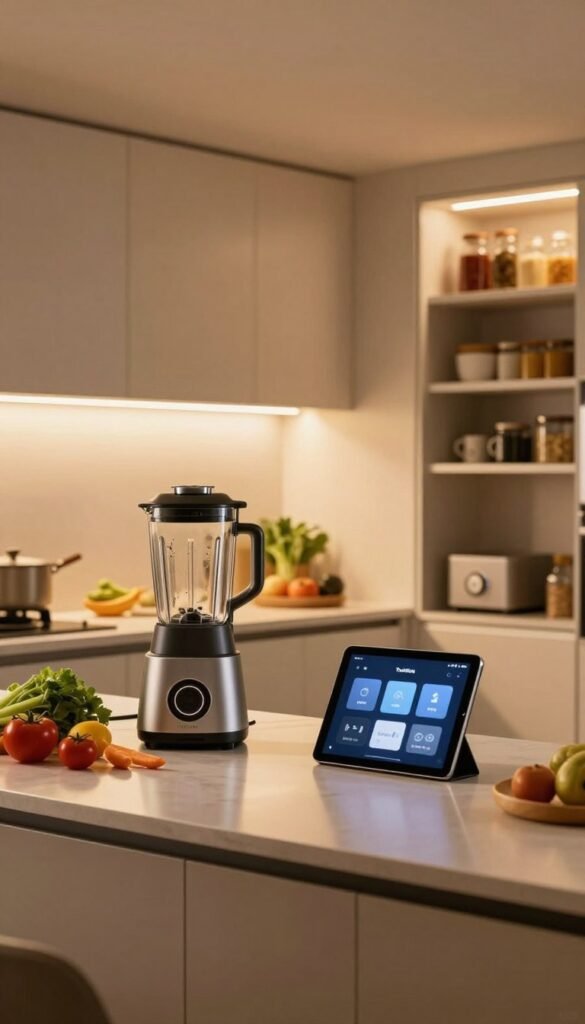 A modern smart kitchen designed as an efficient sous-chef environment. In the foreground, a sleek countertop showcases high-tech kitchen gadgets like a smart blender and an interactive cooking tablet. The middle features stylish cabinetry with integrated smart lighting that casts a warm, inviting glow. A fresh arrangement of colorful vegetables and herbs adds a touch of life. In the background, a well-organized pantry highlights connectivity with smart shelves. The mood is cozy and innovative, inviting creativity in cooking. Use warm tones to create an authentic Pinterest-like aesthetic. Capture the scene from a slight angle to emphasize depth and the inviting atmosphere, without any text or markings. Include a subtle branding of "TechKiste" on the interactive tablet.