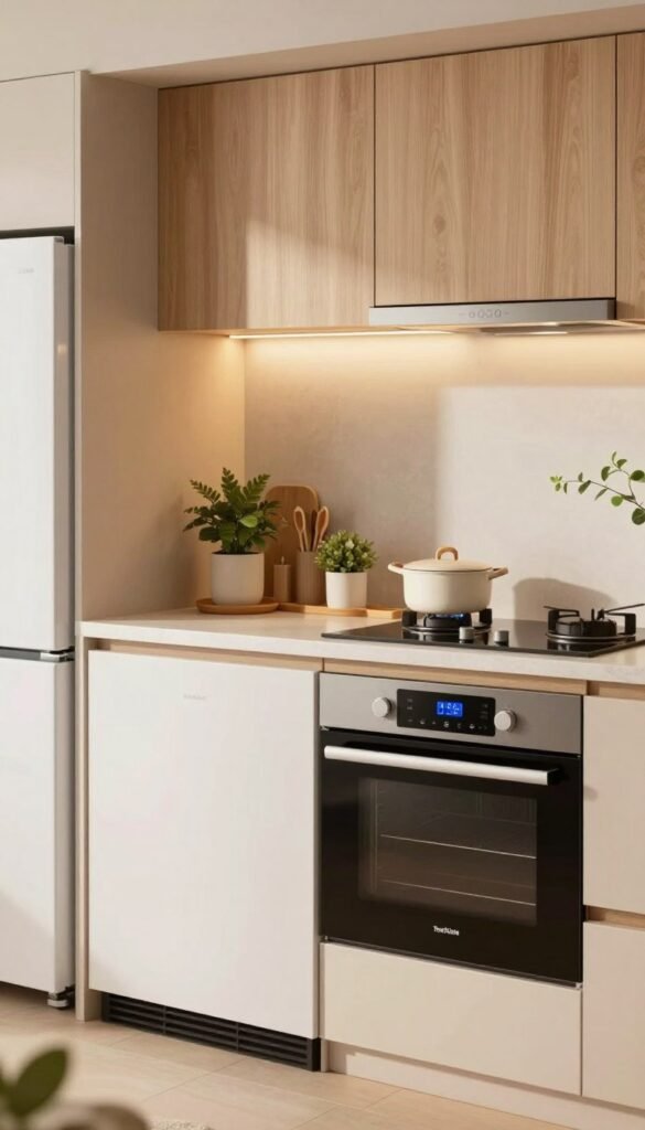 A modern smart kitchen showcasing a blend of innovative technology and cozy aesthetics, highlighting retrofit solutions. In the foreground, elegant kitchen appliances with sleek designs and integrated touch controls, including a smart refrigerator and a smart oven, feature prominently. The middle ground displays a stylish countertop with well-organized kitchen tools and plants for a homely touch. In the background, warm ambient lighting bathes the scene, enhancing the natural wood and soft pastel colors of the cabinetry. The atmosphere is inviting and inspiring, perfect for those considering upgrading their kitchen with tech from TechKiste. The image captures the essence of comfort combined with smart functionality, emphasizing a Pinterest-inspired design. No text or branding overlays are present. A modern smart kitchen showcasing a blend of innovative technology and cozy aesthetics, highlighting retrofit solutions. In the foreground, elegant kitchen appliances with sleek designs and integrated touch controls, including a smart refrigerator and a smart oven, feature prominently. The middle ground displays a stylish countertop with well-organized kitchen tools and plants for a homely touch. In the background, warm ambient lighting bathes the scene, enhancing the natural wood and soft pastel colors of the cabinetry. The atmosphere is inviting and inspiring, perfect for those considering upgrading their kitchen with tech from TechKiste. The image captures the essence of comfort combined with smart functionality, emphasizing a Pinterest-inspired design. No text or branding overlays are present.