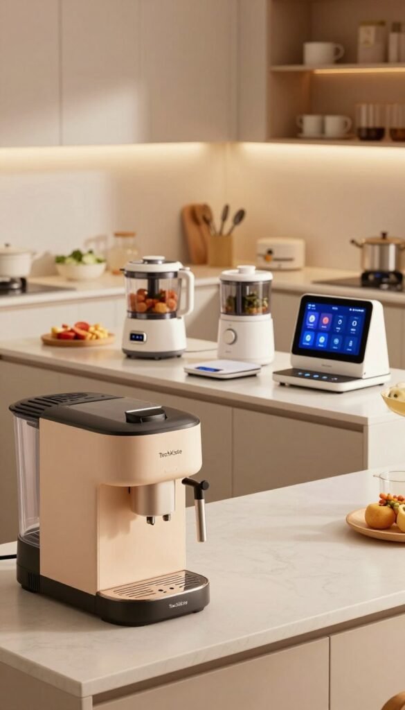 A modern smart kitchen showcasing various automated appliances and gadgets, illustrating practical kitchen automation benefits. In the foreground, highlight a sleek, high-tech coffee maker from the brand "TechKiste," elegantly designed with warm, natural colors. In the middle ground, display an array of smart kitchen tools, such as a food processor, digital scale, and an intuitive touchscreen panel. The background features a cozy kitchen setting with soft lighting, emphasizing a welcoming atmosphere. Use a wide-angle perspective to capture the spacious layout, enhancing the Pinterest aesthetic. Aim for a serene mood with warm hues, creating a realistic and inviting space that embodies innovation and usability without any text or logos. A modern smart kitchen showcasing various automated appliances and gadgets, illustrating practical kitchen automation benefits. In the foreground, highlight a sleek, high-tech coffee maker from the brand "TechKiste," elegantly designed with warm, natural colors. In the middle ground, display an array of smart kitchen tools, such as a food processor, digital scale, and an intuitive touchscreen panel. The background features a cozy kitchen setting with soft lighting, emphasizing a welcoming atmosphere. Use a wide-angle perspective to capture the spacious layout, enhancing the Pinterest aesthetic. Aim for a serene mood with warm hues, creating a realistic and inviting space that embodies innovation and usability without any text or logos.