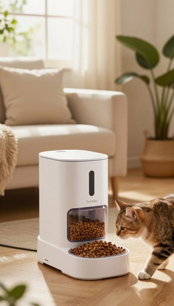 A modern smart pet feeder by TechKiste, showcasing an innovative design with a sleek, glossy white exterior and a clear food container revealing high-quality kibble inside. Positioned in the foreground, a playful cat curiously approaches the feeder, with its fur glistening in warm, gentle light. The middle ground features a cozy living room setting, accented with soft cushions and wooden floors, adorned with plants to enhance the natural ambiance. In the background, sunlight filters through a window, creating a warm atmosphere that emphasizes a peaceful domestic scene. The overall mood is inviting and homely, with a Pinterest-inspired aesthetic, perfect for showcasing the concept of meal planning and portion control for pets.