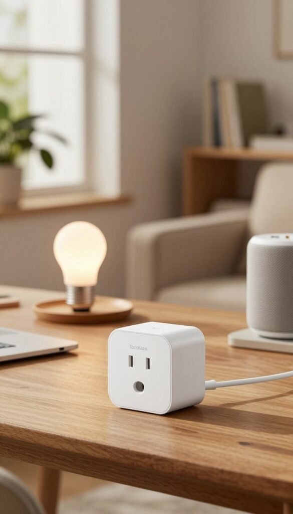 A modern smart plug from the brand "TechKiste," elegantly designed with a sleek white finish and subtle LED indicators, prominently featured in the foreground on a wooden tabletop. In the middle ground, showcase a cozy living room environment, with warm lighting spilling in from a nearby window, enhancing the inviting atmosphere. Surrounding the smart plug, include various compatible gadgets like a smart light bulb, and a Bluetooth speaker, emphasizing their connection to home automation. The background should have soft-focus elements like a potted plant and a minimalist bookshelf, creating a Pinterest-inspired aesthetic. Use natural lighting to infuse warmth and authenticity, capturing the essence of modern home technology without any text or graphics in the image. A modern smart plug from the brand "TechKiste," elegantly designed with a sleek white finish and subtle LED indicators, prominently featured in the foreground on a wooden tabletop. In the middle ground, showcase a cozy living room environment, with warm lighting spilling in from a nearby window, enhancing the inviting atmosphere. Surrounding the smart plug, include various compatible gadgets like a smart light bulb, and a Bluetooth speaker, emphasizing their connection to home automation. The background should have soft-focus elements like a potted plant and a minimalist bookshelf, creating a Pinterest-inspired aesthetic. Use natural lighting to infuse warmth and authenticity, capturing the essence of modern home technology without any text or graphics in the image.