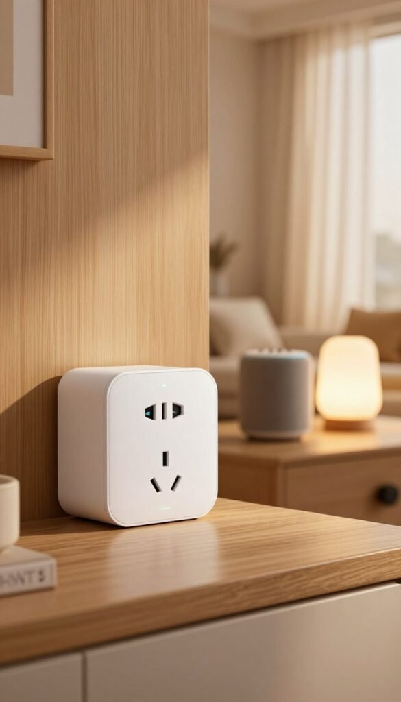 A modern smart power outlet ("smarte Steckdose") showcased in a cozy, well-lit home environment. In the foreground, the sleek design of the TechKiste smart outlet is prominently displayed, featuring its touch-sensitive interface and LED indicators. The middle ground includes a stylish wall with warm wooden tones, complementing the outlet, alongside neatly arranged smart devices that convey convenience&mdash;like a smart speaker and a minimalist lamp. The background displays a softly lit living area, with curtains gently swaying in a warm breeze, enhancing the inviting atmosphere. The lighting is soft and warm, creating a friendly and accessible vibe. The perspective is slightly angled to provide depth, capturing the essence of modern home technology while maintaining a Pinterest-worthy aesthetic, emphasizing authenticity without any text or distractions.