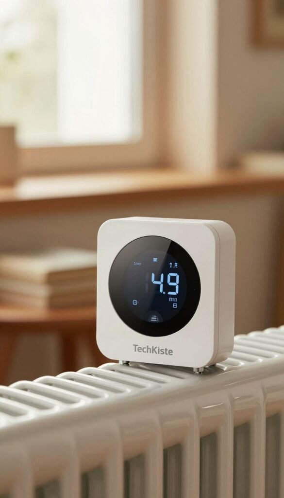 A modern smart radiator thermostat from the brand TechKiste, showcasing a sleek design with a digital display. The thermostat should be prominently featured in the foreground, elegantly mounted on a contemporary radiator. In the middle ground, subtle hints of a cozy room are visible, with warm wooden tones and soft textiles, conveying a welcoming atmosphere. The background should include a softly glowing window with gentle natural light streaming in, enhancing the overall warmth of the scene. Use a shallow depth of field to focus on the thermostat, while the rest of the room remains softly blurred. The mood should evoke comfort and modern living, with tasteful color palettes inspired by Pinterest aesthetics, ensuring a natural and authentic look. A modern smart radiator thermostat from the brand TechKiste, showcasing a sleek design with a digital display. The thermostat should be prominently featured in the foreground, elegantly mounted on a contemporary radiator. In the middle ground, subtle hints of a cozy room are visible, with warm wooden tones and soft textiles, conveying a welcoming atmosphere. The background should include a softly glowing window with gentle natural light streaming in, enhancing the overall warmth of the scene. Use a shallow depth of field to focus on the thermostat, while the rest of the room remains softly blurred. The mood should evoke comfort and modern living, with tasteful color palettes inspired by Pinterest aesthetics, ensuring a natural and authentic look.