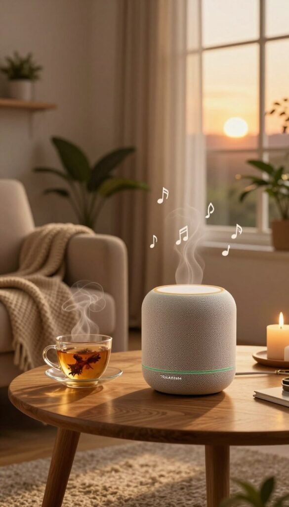 A modern smart speaker sits elegantly on a stylish wooden table in a cozy, ambient-lit living room. In the foreground, there's a steaming cup of herbal tea beside it, with a few candles flickering softly. A comfortable armchair is positioned nearby, draped with a knitted throw blanket, suggesting a perfect spot for relaxation. The walls are adorned with plants, adding a touch of nature. In the middle, music notes seem to flow around the speaker, visually representing soothing sounds. The background features a large window with sheer curtains, filtering warm, golden light from the sunset outside. The overall atmosphere is tranquil and inviting, aimed at immersing viewers in a sense of calm. The scene reflects a Pinterest-worthy aesthetic, highlighting "TechKiste" subtly in the smart speaker design without logos or text. A modern smart speaker sits elegantly on a stylish wooden table in a cozy, ambient-lit living room. In the foreground, there's a steaming cup of herbal tea beside it, with a few candles flickering softly. A comfortable armchair is positioned nearby, draped with a knitted throw blanket, suggesting a perfect spot for relaxation. The walls are adorned with plants, adding a touch of nature. In the middle, music notes seem to flow around the speaker, visually representing soothing sounds. The background features a large window with sheer curtains, filtering warm, golden light from the sunset outside. The overall atmosphere is tranquil and inviting, aimed at immersing viewers in a sense of calm. The scene reflects a Pinterest-worthy aesthetic, highlighting "TechKiste" subtly in the smart speaker design without logos or text.