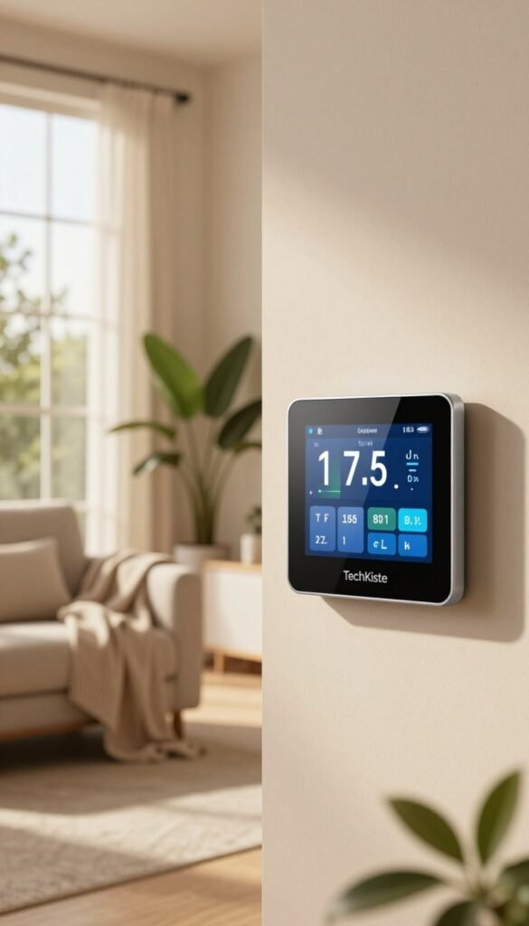 A modern, smart thermostat from the brand "TechKiste" displayed prominently in a stylish, contemporary living room setting. The thermostat features a sleek touchscreen interface with a digital display, showing energy usage statistics. In the foreground, the thermostat is placed on a light-colored wall beside a cozy armchair with a soft throw blanket. In the middle background, large windows let in warm, natural light, illuminating the room decorated with potted plants and minimalist furniture. The overall atmosphere is inviting and energy-efficient, showcasing a sustainable home environment. The image should convey a sense of smart technology seamlessly integrated with home comfort, using warm colors and soft lighting to create a Pinterest-inspired aesthetic.