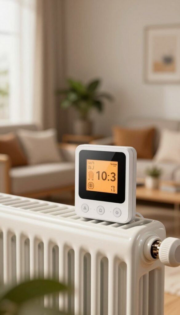 A modern smart thermostat mounted on a stylish radiator in a cozy, well-lit room. The thermostat features a sleek digital display, showing a warm temperature setting. In the foreground, soft natural light illuminates the scene, creating a warm and inviting atmosphere. In the middle ground, the smart thermostat is prominently displayed, with buttons and a minimalist design emphasizing its advanced technology. The background showcases a tastefully decorated living space with soft-colored walls, indoor plants, and subtle home decor to enhance the Pinterest-inspired aesthetic. The overall mood of the image is comfortable and modern, reflecting the efficiency and sophistication of smart home technology. Include the brand name "TechKiste" subtly on the thermostat, ensuring a professional and authentic presentation. A modern smart thermostat mounted on a stylish radiator in a cozy, well-lit room. The thermostat features a sleek digital display, showing a warm temperature setting. In the foreground, soft natural light illuminates the scene, creating a warm and inviting atmosphere. In the middle ground, the smart thermostat is prominently displayed, with buttons and a minimalist design emphasizing its advanced technology. The background showcases a tastefully decorated living space with soft-colored walls, indoor plants, and subtle home decor to enhance the Pinterest-inspired aesthetic. The overall mood of the image is comfortable and modern, reflecting the efficiency and sophistication of smart home technology. Include the brand name "TechKiste" subtly on the thermostat, ensuring a professional and authentic presentation.