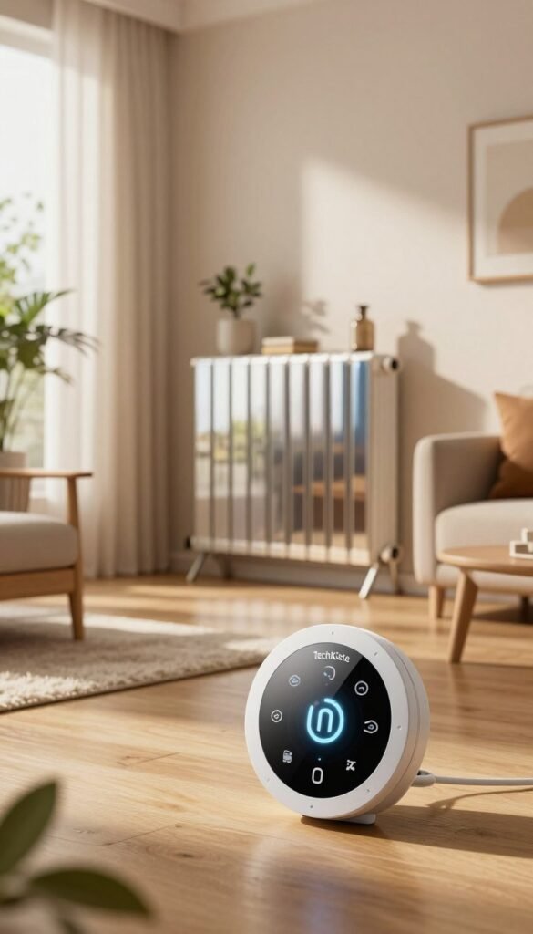 A modern smart thermostat prominently displayed in a cozy, well-decorated living room. In the foreground, the sleek, round Thermostat by TechKiste glows softly with intuitive digital controls. In the middle ground, a stylish radiator with reflective surfaces complements the thermostat, surrounded by minimalistic furniture and warm-toned decor. In the background, soft, natural light filters through sheer curtains, casting gentle shadows on the wooden floor, creating an inviting atmosphere. The room is furnished with potted plants and a plush rug, emphasizing comfort and modern living. Captured with a warm color palette in a wide-angle shot, this image exudes a smart-home vibe that showcases energy-saving technology in a small, stylish apartment setting.