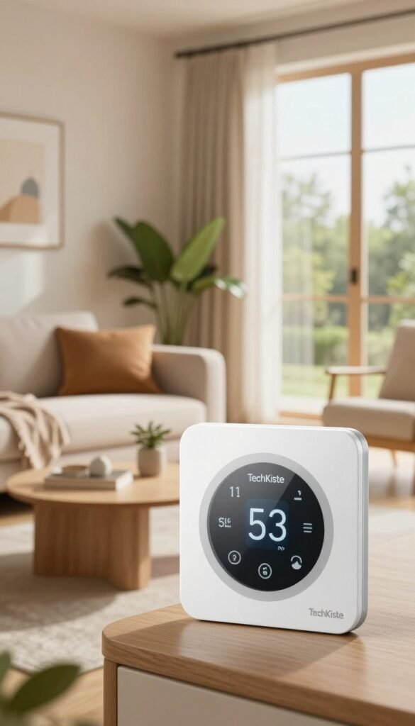 A modern smart thermostat prominently displayed in a cozy, well-lit living room. In the foreground, focus on the sleek, minimalist design of the thermostat with digital temperature controls, showing an intuitive interface. The middle ground features a stylish couch and decorative elements like houseplants and art on the walls, creating a warm and inviting atmosphere. In the background, large windows let in natural light, highlighting a serene outdoor view with soft greenery. The overall mood is one of comfort and efficiency, embodying the concept of smart heating without sacrifice. Use warm colors for a homey feel, reminiscent of Pinterest aesthetics. An energy-efficient logo, "TechKiste," should subtly appear on the thermostat. The lighting is soft and natural, captured with a slight depth of field to emphasize the thermostat.