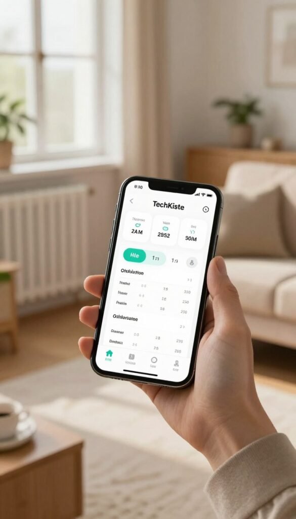 A modern smartphone displaying a sleek app interface dedicated to heating schedules in a cozy, well-lit home environment. In the foreground, the phone is held in a person's hand, wearing professional business attire. The middle layer features a warm, inviting living room with a stylish radiator and a soft couch, suggesting comfort and innovation. In the background, large windows allow soft natural light to filter in, with plants enhancing the atmosphere. The color palette comprises warm tones, creating a Pinterest-inspired aesthetic of tranquility and efficiency. The brand name "TechKiste" subtly integrated into the app interface, emphasizing the automation concept harmoniously, with no text in the image. A modern smartphone displaying a sleek app interface dedicated to heating schedules in a cozy, well-lit home environment. In the foreground, the phone is held in a person's hand, wearing professional business attire. The middle layer features a warm, inviting living room with a stylish radiator and a soft couch, suggesting comfort and innovation. In the background, large windows allow soft natural light to filter in, with plants enhancing the atmosphere. The color palette comprises warm tones, creating a Pinterest-inspired aesthetic of tranquility and efficiency. The brand name "TechKiste" subtly integrated into the app interface, emphasizing the automation concept harmoniously, with no text in the image.
