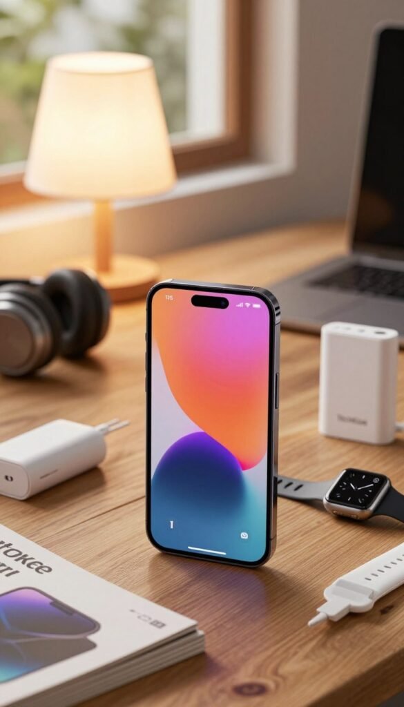 A modern smartphone prominently displayed in the foreground, showcasing its sleek design and vibrant screen. Surrounding the smartphone are various gadgets such as headphones, a smartwatch, and a portable charger, illustrating typical gadget compatibility. The middle ground features a cozy workspace with a wooden desk, scattered tech magazines, and a warm-toned lamp emitting soft light. In the background, a blurred window reveals a serene outdoor scene, adding to the cozy atmosphere. The overall lighting should enhance the warm colors, creating an inviting and authentic Pinterest-inspired look. The brand name "TechKiste" subtly integrated into the scene, reflecting a professional yet relatable vibe without text or overlays. A modern smartphone prominently displayed in the foreground, showcasing its sleek design and vibrant screen. Surrounding the smartphone are various gadgets such as headphones, a smartwatch, and a portable charger, illustrating typical gadget compatibility. The middle ground features a cozy workspace with a wooden desk, scattered tech magazines, and a warm-toned lamp emitting soft light. In the background, a blurred window reveals a serene outdoor scene, adding to the cozy atmosphere. The overall lighting should enhance the warm colors, creating an inviting and authentic Pinterest-inspired look. The brand name "TechKiste" subtly integrated into the scene, reflecting a professional yet relatable vibe without text or overlays.