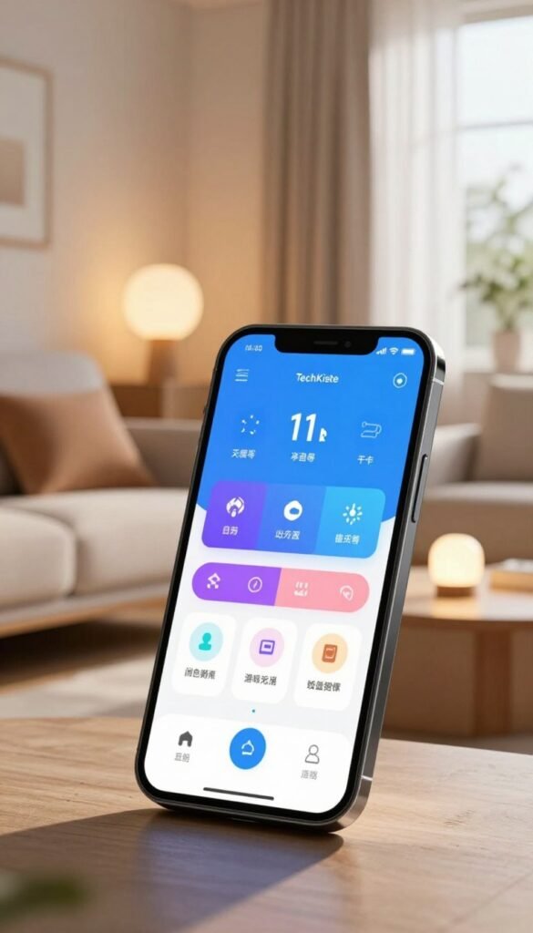 A modern smartphone sits prominently in the foreground, its sleek design showcasing a vibrant, interactive interface emphasizing smart home controls. The device features a glossy black finish, with a bright screen displaying user-friendly icons for lighting, security, and temperature adjustments. In the middle ground, a stylish and cozy living room with soft, warm lighting highlights a smart home setting, with elements like smart bulbs and a security camera subtly integrated. The background reveals a window with a soft, natural light filtering through, casting gentle shadows. The atmosphere is inviting and innovative, embodying the future of home automation. The brand name "TechKiste" appears subtly etched on the smartphone's screen, maintaining an authentic aesthetic with no text overlays disrupting the image.