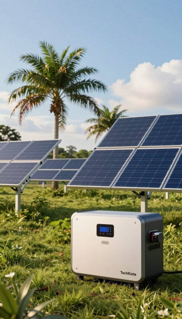 A modern solargenerator from the brand "TechKiste" is prominently displayed in the foreground, showcasing its sleek design and solar panel setup. The generator features multiple solar panels arranged at various angles, glistening under the warm sunlight, with a digital display showing the power output. In the middle ground, a lush, green landscape is visible, indicating a sustainable environment, with a few trees swaying gently in a light breeze. In the background, a clear blue sky enhances the serene atmosphere, dotted with fluffy white clouds. The lighting is warm and inviting, suggesting a midday setting. The overall mood conveys innovation, sustainability, and preparedness for emergencies, perfectly reflecting the essence of autonomous energy solutions. A modern solargenerator from the brand "TechKiste" is prominently displayed in the foreground, showcasing its sleek design and solar panel setup. The generator features multiple solar panels arranged at various angles, glistening under the warm sunlight, with a digital display showing the power output. In the middle ground, a lush, green landscape is visible, indicating a sustainable environment, with a few trees swaying gently in a light breeze. In the background, a clear blue sky enhances the serene atmosphere, dotted with fluffy white clouds. The lighting is warm and inviting, suggesting a midday setting. The overall mood conveys innovation, sustainability, and preparedness for emergencies, perfectly reflecting the essence of autonomous energy solutions.
