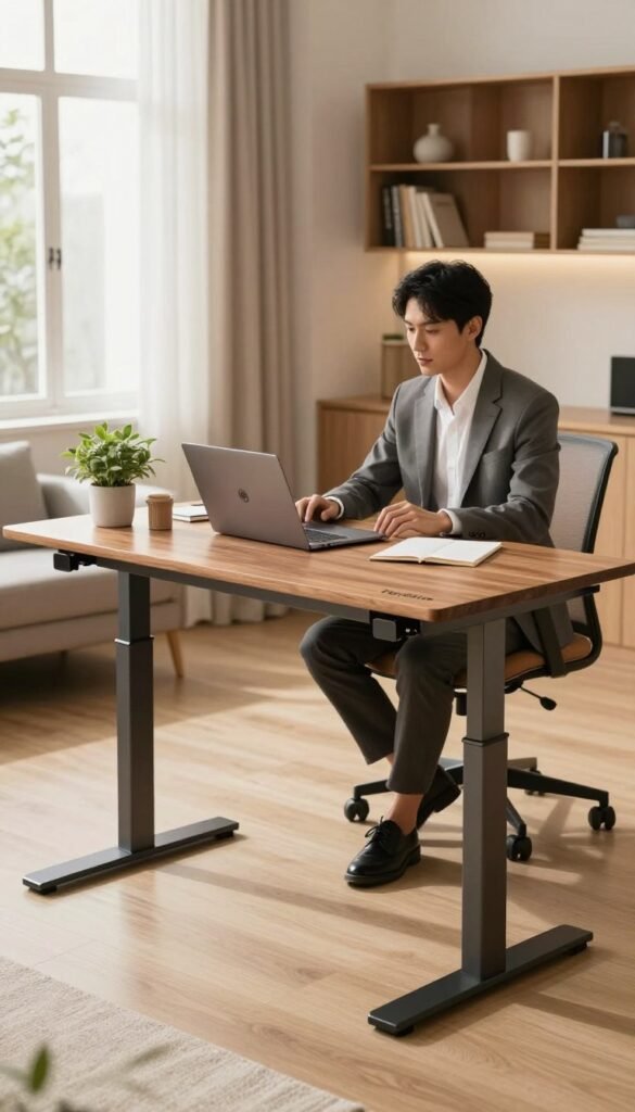 A modern standing desk by TechKiste, showcasing an elegant design with a natural wood finish and sleek metal accents. In the foreground, the desk is adjusted to a mid-height position, with neatly organized office supplies, a laptop, and a stylish potted plant adding a touch of greenery. The middle of the scene features a professional individual dressed in smart-casual attire, actively working at the desk with a focused expression. In the background, a well-lit home office environment with soft, warm lighting creates a cozy atmosphere, featuring a comfortable chair, bookshelves, and large windows allowing natural light to flood the space. The overall composition resembles an inviting Pinterest aesthetic, highlighting a balanced, productive workspace.