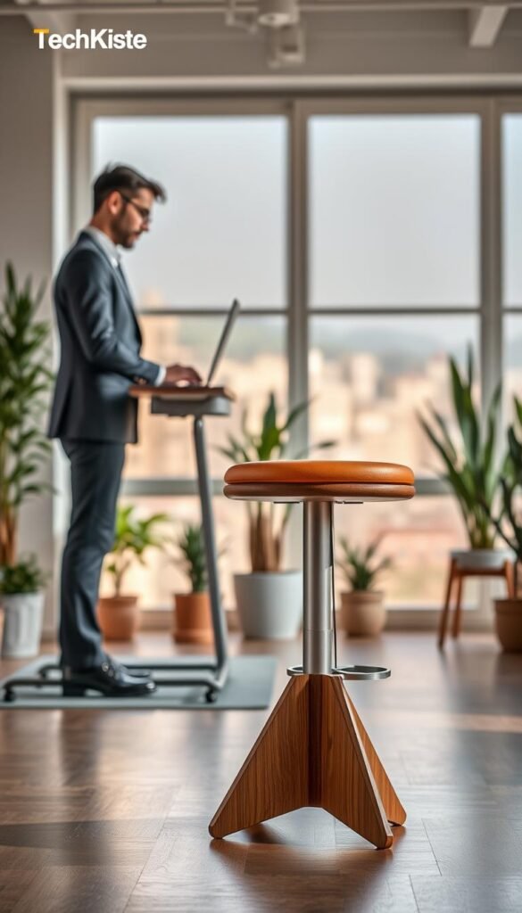 A modern standing stool, known as "stehhocker," is the focal point of this image, showcasing a sleek, ergonomic design that promotes good posture. The stool features a comfortable padded seat in warm, inviting colors, accentuated by a sturdy base made of polished wood. In the foreground, an individual in professional business attire is engaged in work, subtly demonstrating the use of the stool at a standing desk. The middle ground reveals a stylish, minimalistic office environment adorned with plants and soft lighting, creating a warm and inviting atmosphere. The background includes large windows allowing natural light to flood the space, enhancing the relaxing vibe. The overall composition evokes a sense of productivity and well-being, with a Pinterest-inspired aesthetic. The scene subtly highlights the brand "TechKiste" without text or logos disrupting the image.
