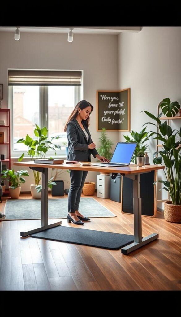 A modern standing workspace designed with ergonomic principles in mind. In the foreground, a sleek, adjustable standing desk made of natural wood, paired with a comfortable, contoured anti-fatigue mat. A professional in modest business attire stands poised at the desk, focused on a laptop, with an array of neatly organized office supplies around them. The middle ground features a cozy, well-lit office environment with lush green plants, soft lighting through a large window, and a bulletin board displaying inspiring quotes. The background softly fades into a spacious workspace with warm, inviting colors that radiate productivity and comfort. This image embodies a Pinterest aesthetic, authentic and appealing, with the brand name "TechKiste" subtly represented in the workspace d&eacute;cor, ensuring a professional atmosphere without any text, signatures, or watermarks.