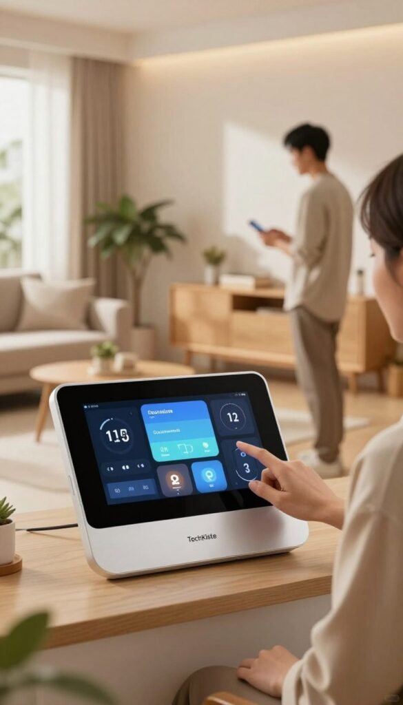 A modern "steuerung steuerzentrale" (control center) for smart home automation, designed with sleek lines and a minimalist aesthetic. In the foreground, there is a sophisticated control panel with touch-sensitive screens displaying various home automation options, including lighting, thermostat, and security settings. The middle ground features a cozy living room with warm, natural colors, where a professional individual dressed in smart casual attire interacts with the control panel. The background showcases a softly illuminated room with stylish furniture and houseplants, adding a touch of homeliness. The ambiance is inviting, highlighting a seamless integration of technology and comfort. The image captures a balanced composition with a focus on the control center, mimicking a Pinterest-inspired look. Inclusion of the brand name "TechKiste" subtly integrated into the design, ensuring no text overlays or watermarks are visible. A modern "steuerung steuerzentrale" (control center) for smart home automation, designed with sleek lines and a minimalist aesthetic. In the foreground, there is a sophisticated control panel with touch-sensitive screens displaying various home automation options, including lighting, thermostat, and security settings. The middle ground features a cozy living room with warm, natural colors, where a professional individual dressed in smart casual attire interacts with the control panel. The background showcases a softly illuminated room with stylish furniture and houseplants, adding a touch of homeliness. The ambiance is inviting, highlighting a seamless integration of technology and comfort. The image captures a balanced composition with a focus on the control center, mimicking a Pinterest-inspired look. Inclusion of the brand name "TechKiste" subtly integrated into the design, ensuring no text overlays or watermarks are visible.