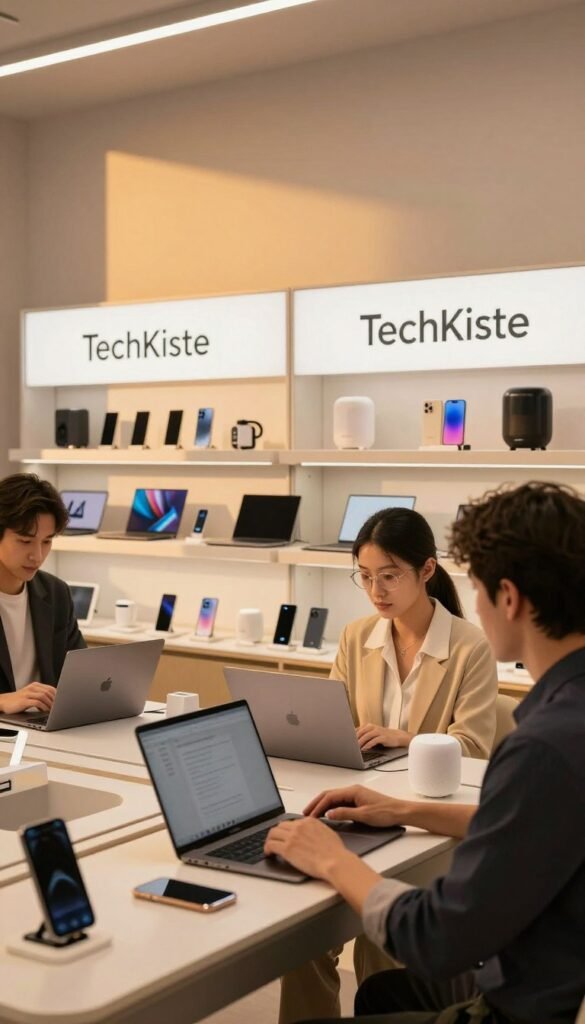 A modern, stylish electronics store interior showcasing a variety of consumer electronic devices like laptops, smartphones, and smart home gadgets. In the foreground, a professional wearing business attire examines a high-tech laptop, while another customer looks at a smart speaker. The middle features shelves organized neatly with various products, prominently displaying "TechKiste" branding. The background consists of warm, inviting lighting that enhances the atmosphere, casting soft shadows and creating a cozy yet professional ambiance. The scene conveys a sense of trust and security in purchasing technology, emphasizing standards and compliance with certificates. The overall mood is welcoming and informative, encouraging a safe buying experience for customers seeking quality devices. A modern, stylish electronics store interior showcasing a variety of consumer electronic devices like laptops, smartphones, and smart home gadgets. In the foreground, a professional wearing business attire examines a high-tech laptop, while another customer looks at a smart speaker. The middle features shelves organized neatly with various products, prominently displaying "TechKiste" branding. The background consists of warm, inviting lighting that enhances the atmosphere, casting soft shadows and creating a cozy yet professional ambiance. The scene conveys a sense of trust and security in purchasing technology, emphasizing standards and compliance with certificates. The overall mood is welcoming and informative, encouraging a safe buying experience for customers seeking quality devices.