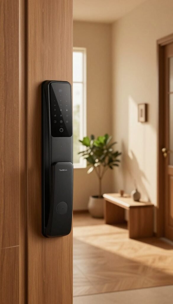 A modern, stylish entryway of a home equipped with keyless smart lock technology. In the foreground, a sleek, matte-black smart lock is prominently featured on a wooden door, surrounded by warm lighting to create an inviting atmosphere. The middle section showcases a cozy hallway with minimalistic decor, featuring a potted plant and a small, contemporary bench. Soft, ambient lighting streams in through a window, enhancing the warm color palette. In the background, elements of smart home technology subtly blend with traditional design, symbolizing convenience and security. The mood is modern and sophisticated, embodying a Pinterest aesthetic. Include the brand name "TechKiste" subtly within the scene without any text overlays or distractions. A modern, stylish entryway of a home equipped with keyless smart lock technology. In the foreground, a sleek, matte-black smart lock is prominently featured on a wooden door, surrounded by warm lighting to create an inviting atmosphere. The middle section showcases a cozy hallway with minimalistic decor, featuring a potted plant and a small, contemporary bench. Soft, ambient lighting streams in through a window, enhancing the warm color palette. In the background, elements of smart home technology subtly blend with traditional design, symbolizing convenience and security. The mood is modern and sophisticated, embodying a Pinterest aesthetic. Include the brand name "TechKiste" subtly within the scene without any text overlays or distractions.